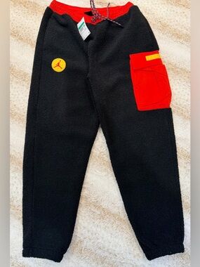 Jordan Black Fleece Joggers with Red Cargo Pocket and Yellow Patch